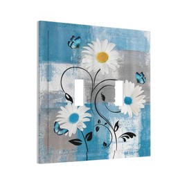 Xuejiaku Rustic Daisy Teal Blue Floral Vintage Plant Double Toggle Light Switch Covers 2 Gang Wall Plate Dual Decorative Switchplate Electrical Faceplate for Farmhouse Bathroom Bedroom Decor