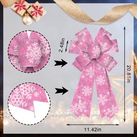 Estivaux Large Christmas Bows for Wreath, Xmas Snowflake Wreath Bows White Pink Burlap Bows New Year Snow Craft Bows Winter Holiday Tree Topper Bows for Front Door Christmas Party Decorations