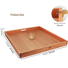 MAGIGO 24 x 24 Inches Large Square Cherry Wood Ottoman Tray with Handles, Serve Tea, Coffee or Breakfast in Bed, Classic Wooden Decorative Tray