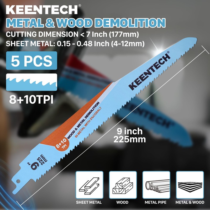 KEENTCH Sawzall Blades Metal and Wood Demolition, 9 Inch 8+10TPI,