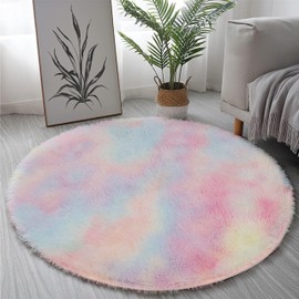 Yifugad Round Plush Rug, Bedroom Area Rug, Fluffy Colorful Round Rug for Children's Bedroom, Girl Bedroom Rug, Uitable for Children's Room Decoration Furry Rug (120x120cm, Round)