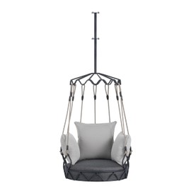 Outdoor Swing Chair with Adjustable Back, PE Wicker Hanging Swing with with UV Resistant Cushion for Porch, Gray