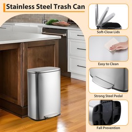 Garvee 13 gal/50 L Kitchen Trash Can, Stainless Steel Garbage Can with Soft Close Lid, Tall Heavy Duty Trash Can with Removable Inner Bucket & Foot Pedal for Kitchen, Bedroom, Bathroom, Office