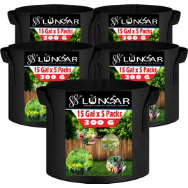 LUNGAR Plant Grow Bags - 15 Gallon 5 Packs Planter Pot, Thickest Aeration 300G Non-Woven Fabric, Reinforced Handles for Weatherproof Nursery Pot, Enhanced Double Seam