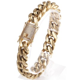 PY BLING Heavy Stainless Steel Miami Cuban Link Bracelet 8mm-16mm 14k Real Golden Plated with Lab Diamond Clasp Premium Hip Hop Jewelry For Men Women with Gift Box (16mm,8.5in)