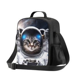 JIMOWANG Astronaut Cat Insulated Lunch Bag with Shoulder Strap and Bottle Holder Portable Thermal Lunch Container Bag for School Travel Picnic