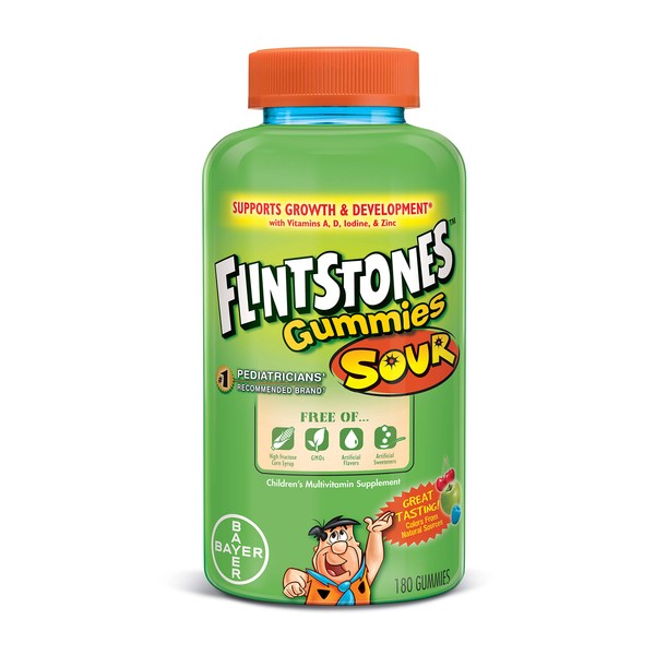 Flintstones Sour Gummies Kids Vitamins, Gummy Multivitamin for Kids with Vitamins A, B6, B12, C, D & more, 180ct