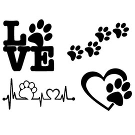 Paw Decals 4 Pack: Dog Paws, Love with a Paw, Paw Heartbeat, Paw Prints (Black, Small ~3.5")