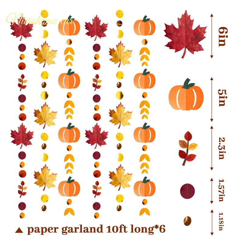 NICROHOME EUR Fall Autumn Paper Garlands with Glitter Pumpkin Maple