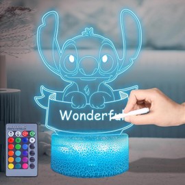 Hoofun Night Light for Children: 16 Colours DIY Stitch Lamp, Anime 3D Illusion Bedside Lamp with Remote Control, Stitch Merch Things Gifts for Children's Room Decoration Girls Birthday Christmas