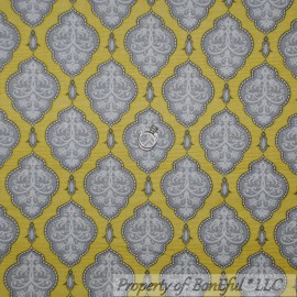 Blend, Ana Davis BonEful Fabric FQ Cotton Quilt Yellow Gray White Flower Damask Stripe Small Dot