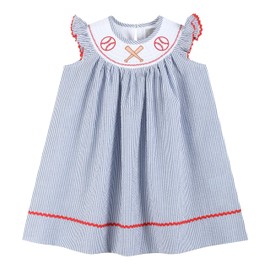 Lil cactus Blue Seersucker Baseball Smocked Bishop Dress, 12-18 Months