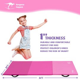 Kangaroo Hoppers Gymnastics Tumbling Mat for Kids, Foldable Tumble Mat for Gymnastics for Home with Velcro, 3 FT x 6 FT x 1", PVC Leather, Gradient Pink