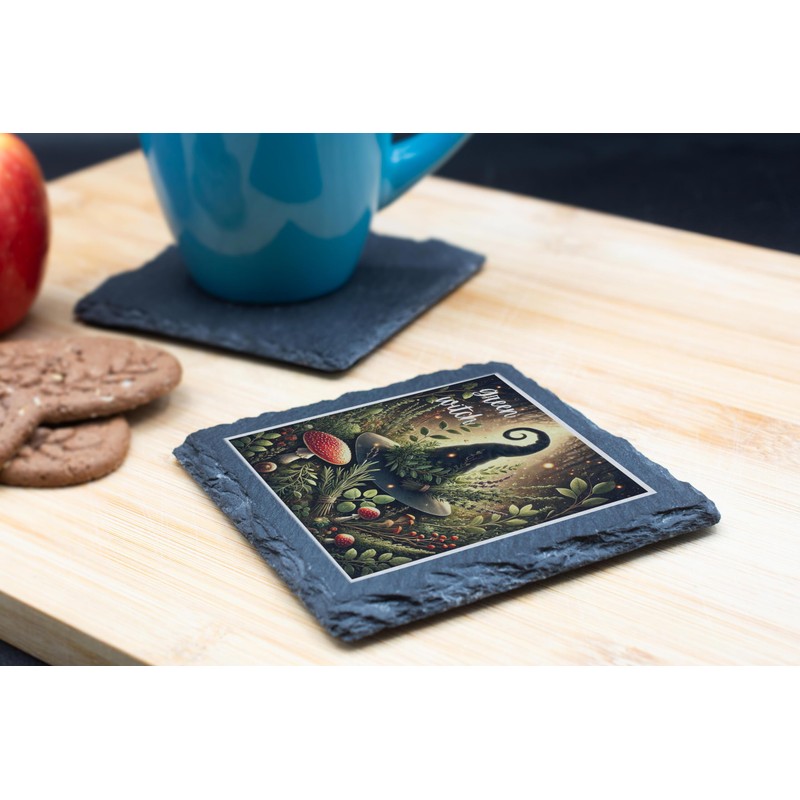 Green Witch Slate Coaster – Mystical Herb and Nature Design
