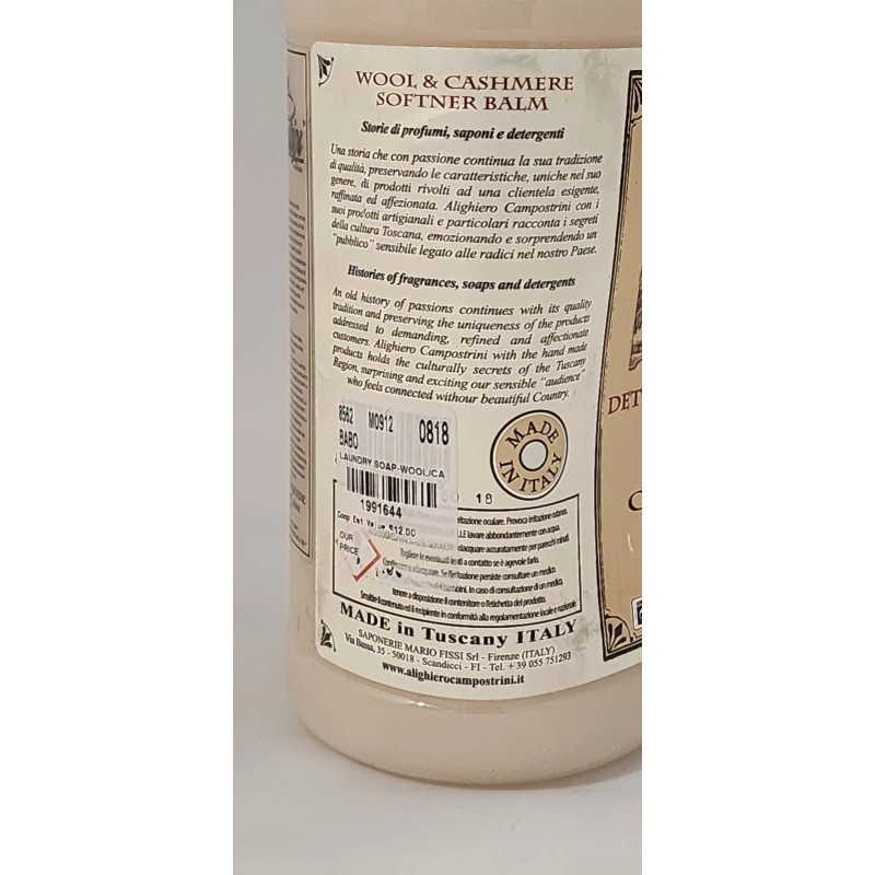Alighiero Campostrini Cashmere, Wool Delicates Shampoo Detergent 33oz Made Italy