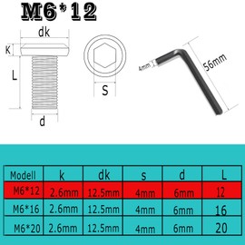 YFLeomry Pack of 40 Flat Head Screws M6 x 12 mm Screws Black Rounded Head Screws Stainless Steel A2 V2A Hexagon Socket Flat Head Full Thread M5 Screws with Wrench for Mounting Maintenance