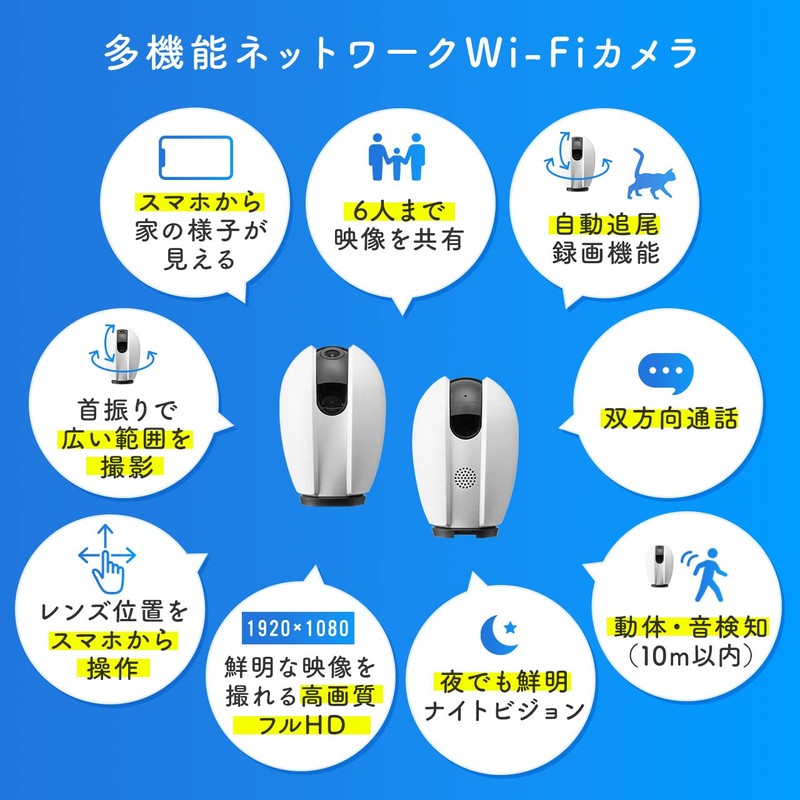 Sanwa Direct 400-SSA003N Network Camera, Pet Camera, Auto Tracking, Wi-Fi,