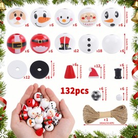 Wlicon 132 PCS Christmas Snowman Wooden Bead Decor Winter Snowman Wood Beads Snowmen Faces Wooden Beads with Hemp Rope for Hanging Ornaments Xmas Tree Garland Party Home DIY Crafts