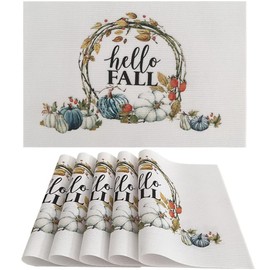 Hello Fall Placemats Vinyl Woven Washable Easy to Clean Leaf Pumpkin Autumn Table Mats Thanksgiving Placemats,Set of 6