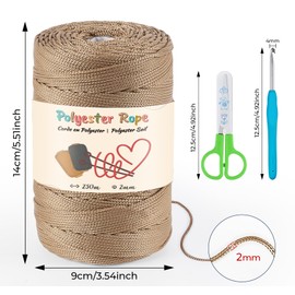 Macrame Yarn Set, 2 mm x 250 m Macrame Polyester Cord, 100% Polypropylene Cord with Scissors and 4 mm Crochet Polypropylene Yarn for Crafts, Home Decorations, Shoulder Bag, Handbag (Latte)