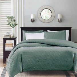 Madison Park Queen Quilt Set Reversible Damask Quilted Coverlet for Queen Size Bed, Cotton-Filled Quilts, All Season, Lofty & Warm Queen Size Quilt & 2 Shams, Quebec, Full/Queen Balsam Green 3 Piece