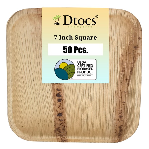 Dtocs Palm Leaf Plates Pack 50, 7 Inch Square | Eco-friendly, Compostable, Natural, Biobased, Organic Disposable Party Plates For Wedding, Camping, Birthday Dinner | Better Than Bamboo, Paper Plates.