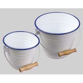 AuraHome Traditional Enamel Bucket 2 Litre White Enamel with Blue Rim and Wooden Handle Heavy Gauge Steel Height 14cm x 17cm Diameter Small Household Catering Bucket made to last a lifetime