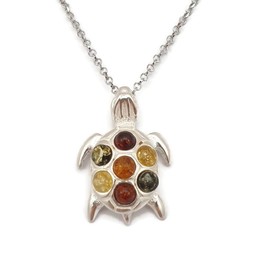 Kiara Jewellery 925 Sterling Silver Turtle/Tortoise Pendant Necklace inlaid with 7 multi colour baltic amber stones on 18" Sterling Silver Chain.