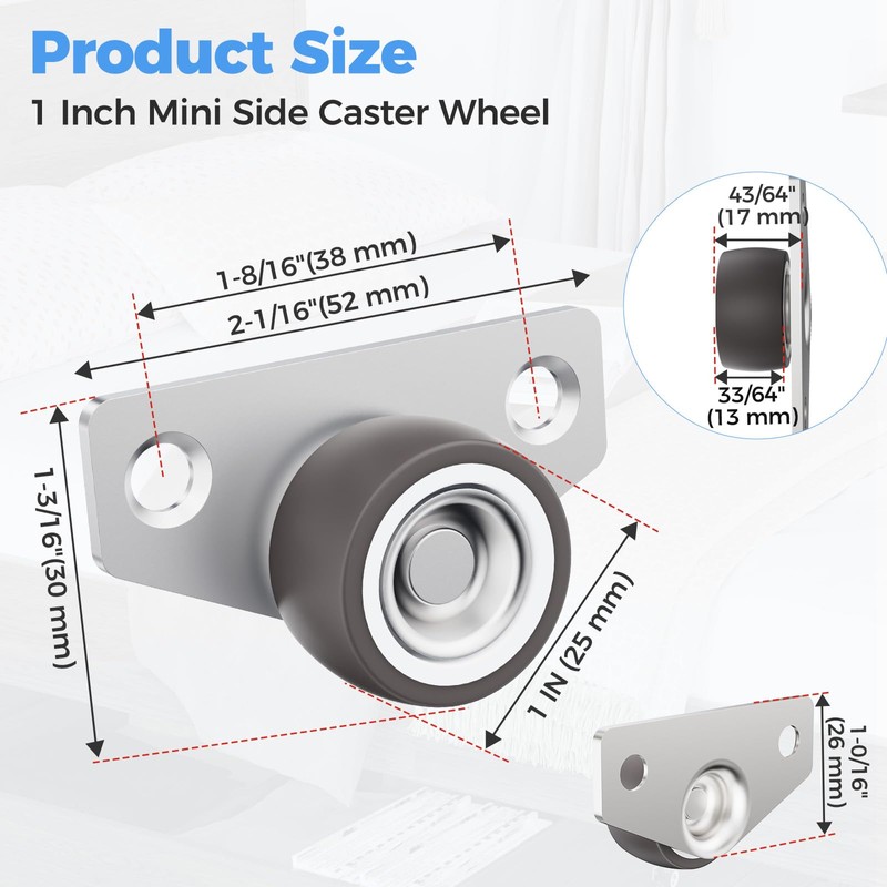 Mixizigoz Mini Side Mount Casters, Low Profile Caster Wheel- Rigid