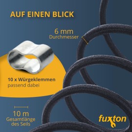 fuxton® Rubber Cord (6 mm x 10 m + 10 Choke Clamps), Expander Rope, Rubber Lead, Bungee Cord Marine, Tension Rubber, Sold by the Metre, Black