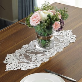 KnSam Table Runner Christmas Elegant Floral Pattern with Lace Polyester Table Runner Long Table Decoration White 26 x 120 cm