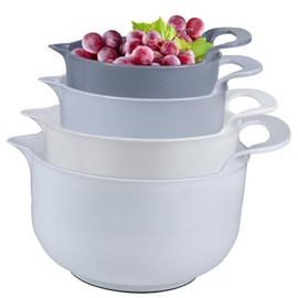 Cheeren Mixing Bowls - 4 Piece Nesting Plastic Mixing Bowl Set with Pour Spouts and Handles - Non Slip Bottom and Measurement Markings (Light Gray)