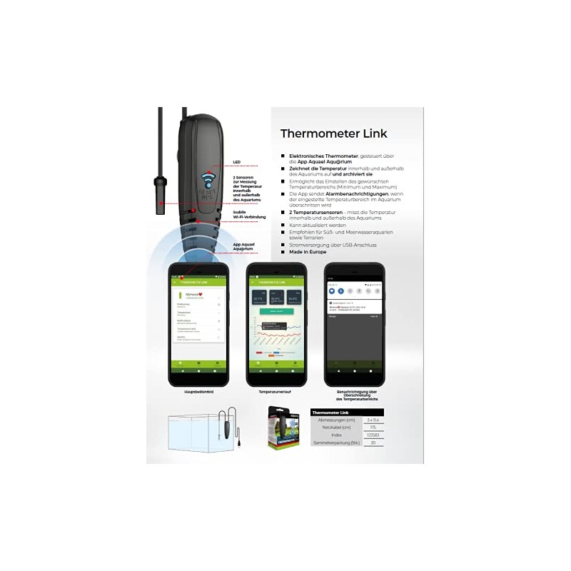 Aquael Thermometer Link Electronic Thermometer with App Control, Black