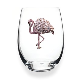THE QUEENS' JEWELS Flamingo Jeweled Stemless Wine Glass - Unique Gift for Women, Birthday, Cute, Fun, Not Painted, Decorated, Bling, Bedazzled, Rhinestone