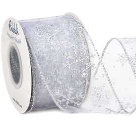 Ribbli Snowflake Glitter Wired Ribbon,White Organza Sheer Ribbon with Silver Glitter Snowflake Pattern and Silver Metallic Edge,2-1/2Inch x 10Yards Christmas Ribbon for Tree Decoration