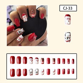 24Pcs Christmas Press on Nails Medium Square NEWSPIED Christmas Fake Nails Santa Claus Cute Penguin Elk Designs Winter Acrylic Nails Reusable Full Cover Artificial Red False Nails for Women Girls