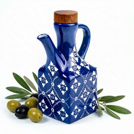 Gnlnkn Blue Ceramic Olive Oil Dispenser Bottle for Kitchen, 8.5 oz Cruet for Avocado Oil with Handle & Wooden Stopper, Small Decorative Oil and Vinegar Dispenser Set, Oil Container Cruet for Olive