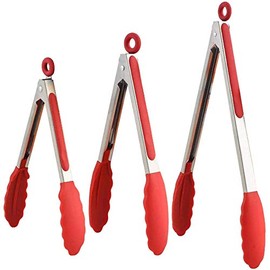 MTQ - Pinzas de Cocina, 3 PIEZAS Pinzas de Acero Inoxidable con Seguro, Kit de Pinzas de Silicona de 7 9" y 12 con Puntas de Silicona Antiadherentes, Alta Resistencia al Calor a 480 ° F Rojo)