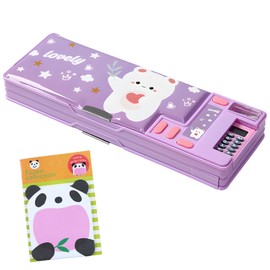 Multifunctional Plastic Stationery Box, Pop Up Double-Sided Opening Pencil Case, Creative Calculator Pen Organizer with Compartments, Sharpener, Schedule, Birthday Gifts for Kids Teens, Purple