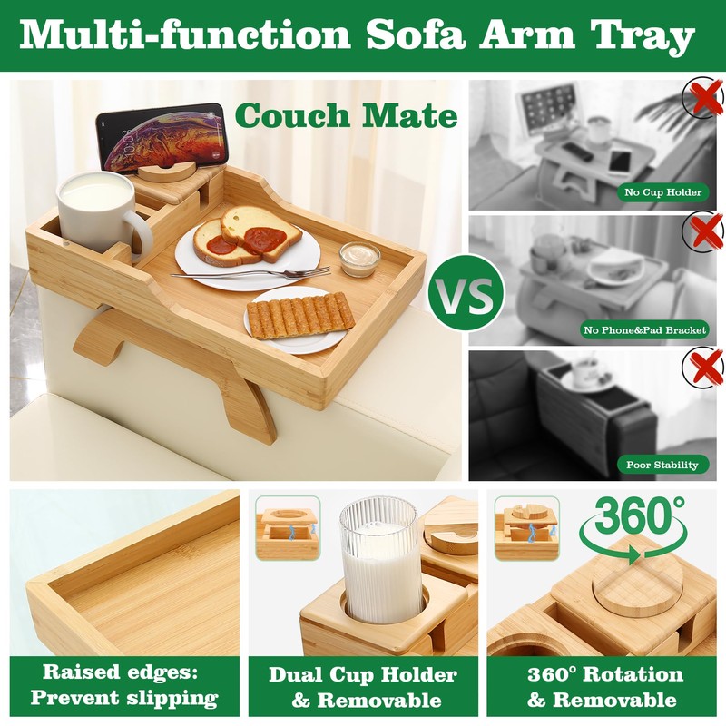 GHKINMAL Bamboo Couch Cup Holder, 4 in 1 Couch Arm
