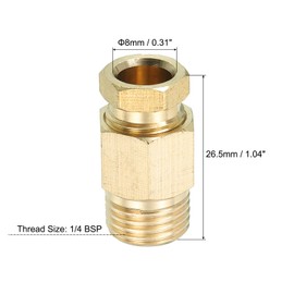 PATIKIL Brass Tube Fitting 8mm Tube OD 1/4 BSP Male Thread, 3Pcs Compression Pipe Connector Union Straight Coupling Adapter, Gold Tone