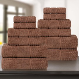 Superior Cotton 12-Piece Towel Set, Zero Twist, Waffle Border, Bathroom Essentials, Shower, Spa, Luxury Plush Soft Absorbent Towels, Includes 4 Bath, 4 Hand, 4 Washcloth/Face Towels, Chocolate