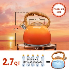 GGC Tea Kettle for Stove Top, 3.1QT/3L Whistling Tea Kettles for Boiling Water, Coffee or Milk, Red Sunset Tea Pot with Wood Pattern Handle, Stainless Steel Tea Pot for Home and Kitchen