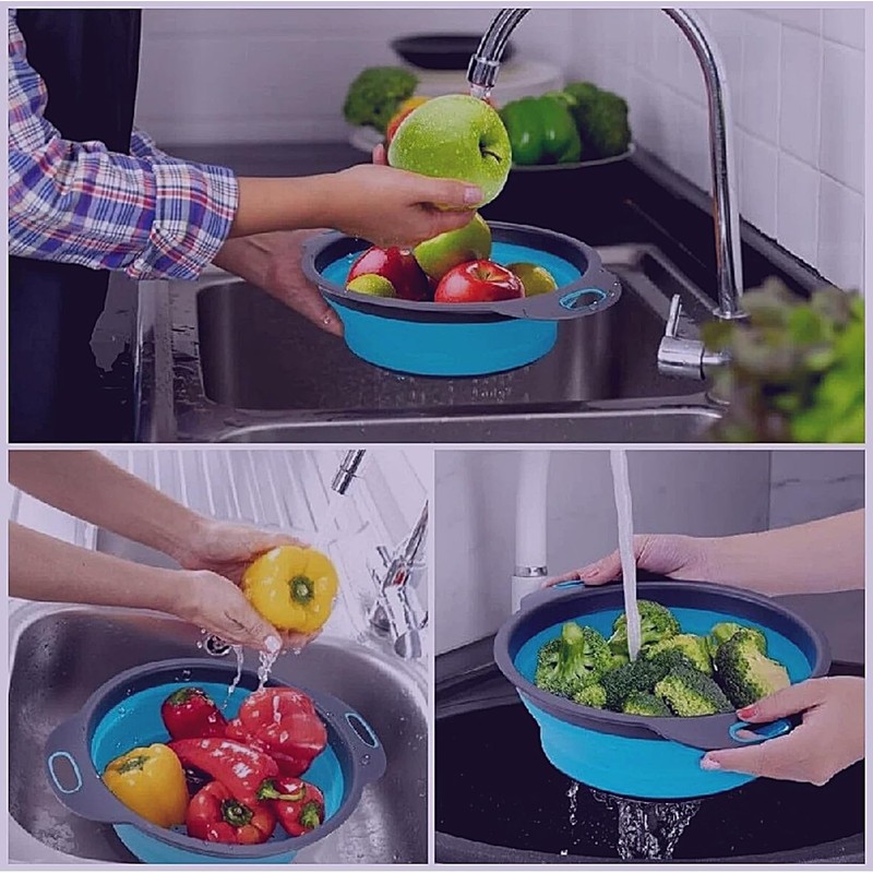 Blue Round Silicone Collapsible Colander – Silicone Round Kitchen Strainers