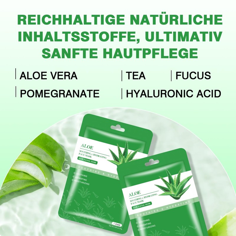 Aloe Vera Gesichtsmaske, Beruhigende & Feuchtigkeitsspendende Tuchmasken, 10 Stück, 25g