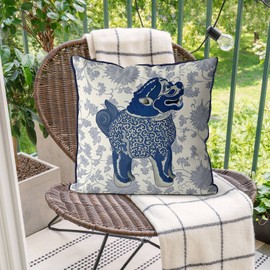 Kelly Stevens-McLaughlan, Happy Blue Foo Dog Chinoiserie on Cream Cushion / Pillow Cover, Zippered Base, Full Piping, 18 Inches x 18 inches
