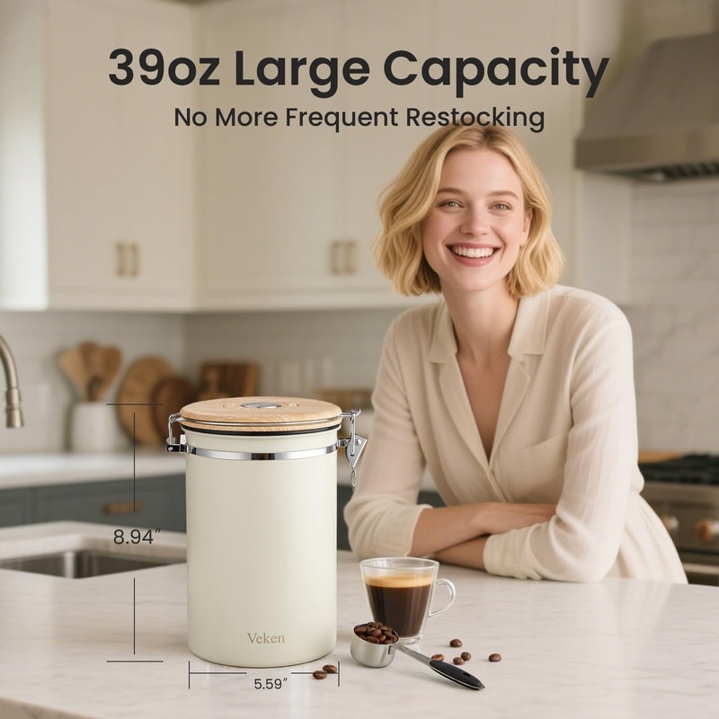 Veken Coffee Canister, 39OZ Large, Airtight Stainless Steel Food Storage