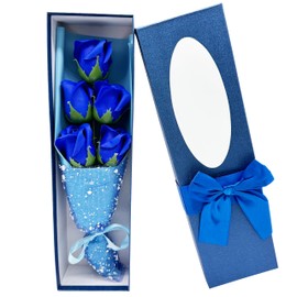 SECALIFE 5 Pieces Artificial Rose Flowers Foam Roses with Stems Rose Bouquets in Box, Roses Artificial Flowers, Valentines Day Gifts for Wife, Girlfriends (Blue)