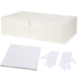 Wedding Dress Preservation Box Kit Dress Storage Box with 1 Microfiber Gloves and 100 Sheets Acid Free Tissue Paper for Storage Wedding Clothing Gown(28 x 15.7 x 7 Inch,Beige, White)