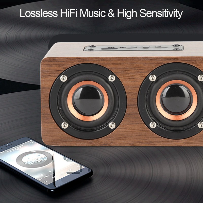 Wood Bluetooth Speaker Subwoofer FM Radio HiFi Music Clock Alarm